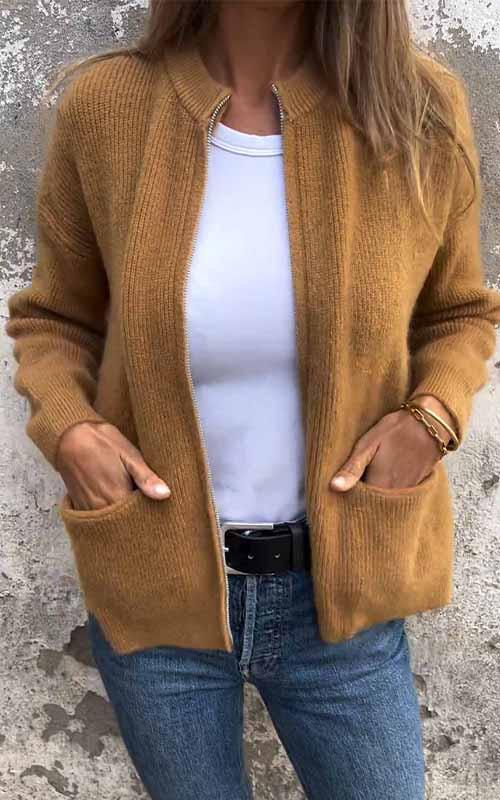 Women’s Knit Cardigan – Relaxed Fit – Wool Blend – Open Front – Ribbed Trim – Pockets