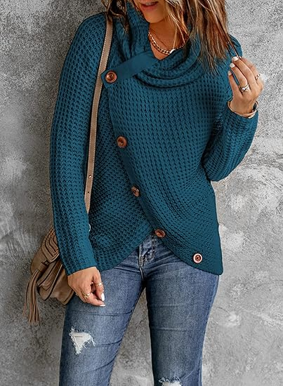 Women’s Sweatshirt – Relaxed Fit – Chunky Knit – Asymmetrical Wrap with Button Detail