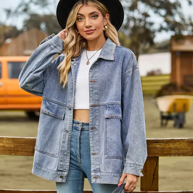 Women’s Denim Jacket – Oversized Fit – Button Down – Chest Pockets – Hip Length Casual