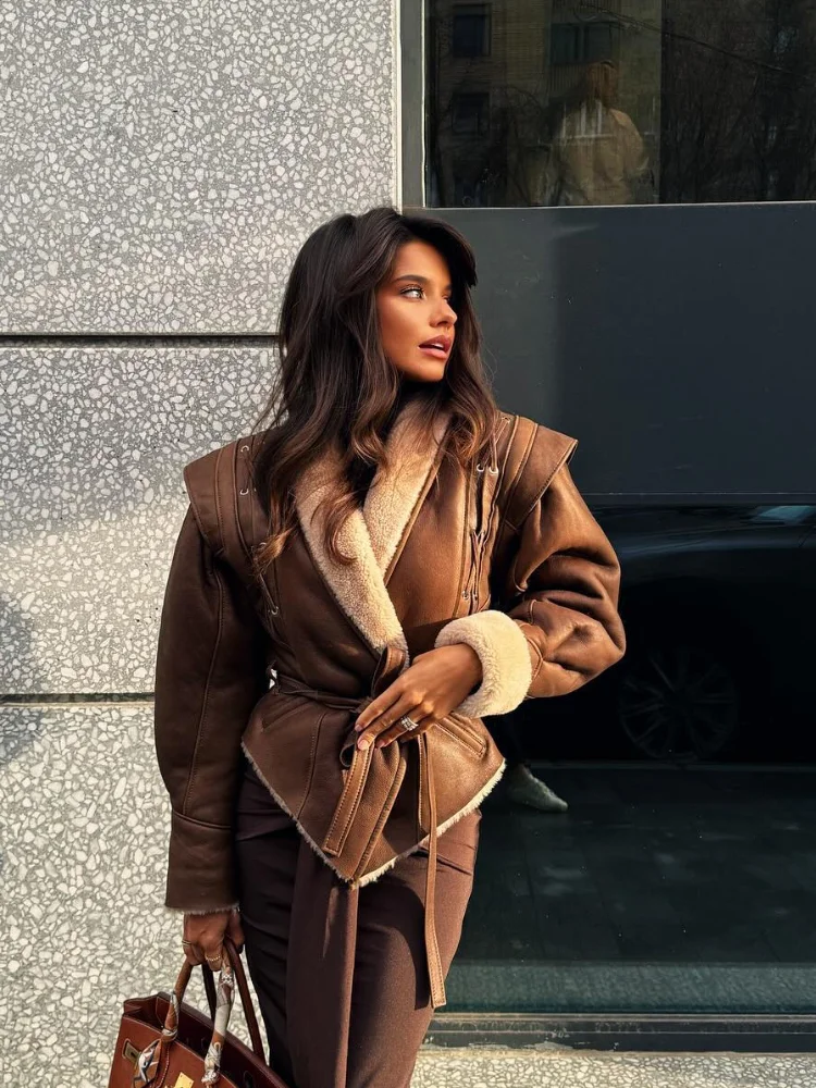 Women’s Belted Jacket – Tailored Fit – Faux Shearling Collar – Soft Suede