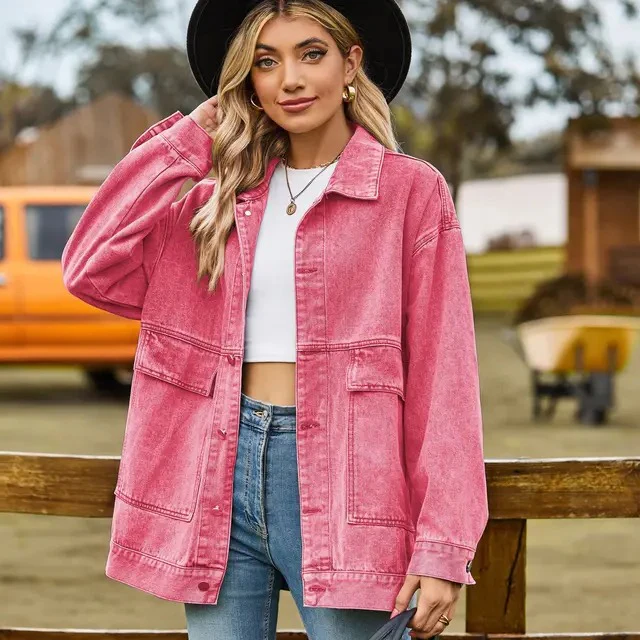 Women’s Denim Jacket – Oversized Fit – Button Down – Chest Pockets – Hip Length Casual