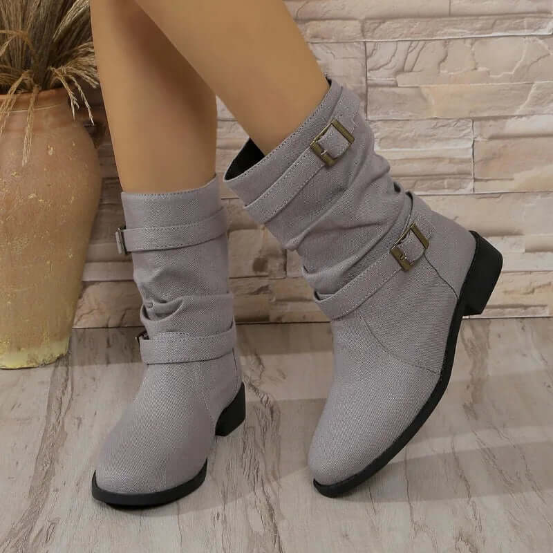 Women’s Ankle Boots – Slouchy Fit – Buckle Strap Detail – Flat Sole Casual Style