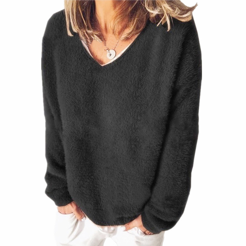 Women’s V-Neck Sweatshirt – Relaxed Fit – Fuzzy Knit – Long Sleeve Casual Style