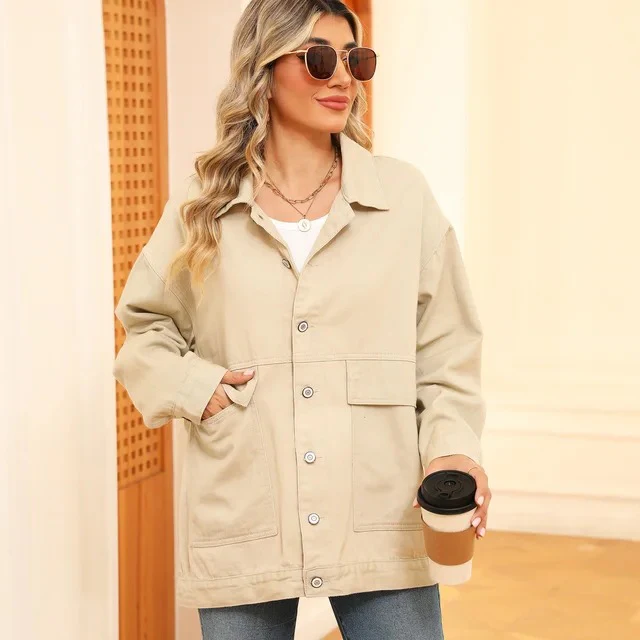 Women’s Denim Jacket – Oversized Fit – Button Down – Chest Pockets – Hip Length Casual
