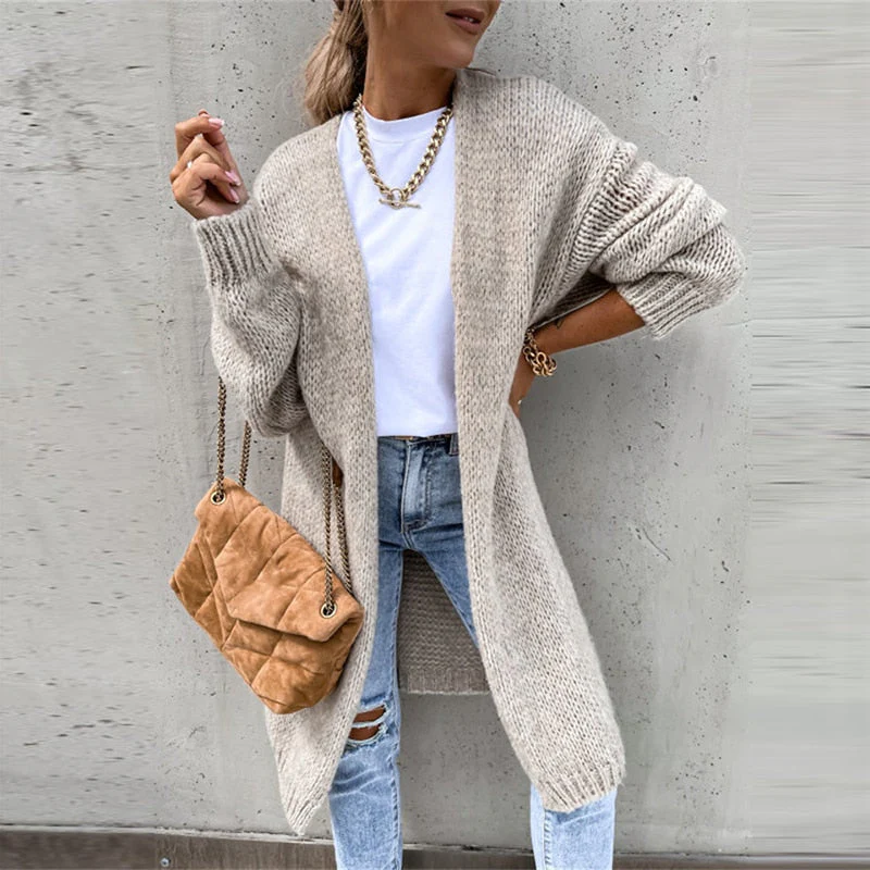 Women’s Cardigan – Relaxed Fit – Knitted Wool Blend – Longline Open Front Ribbed Hem