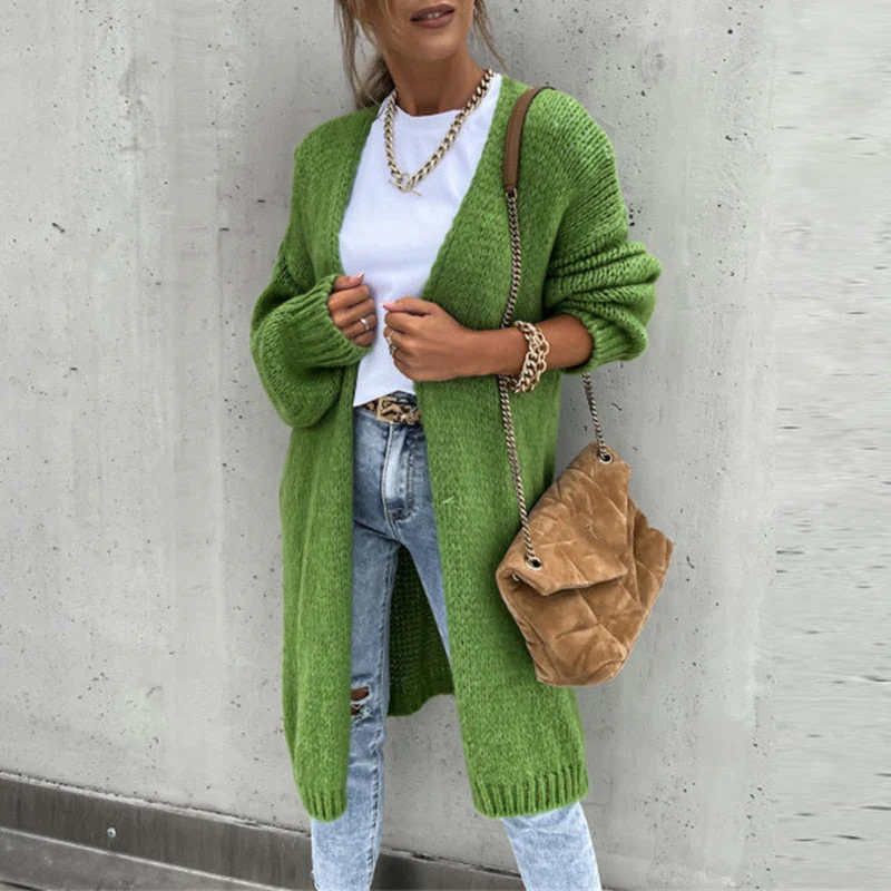 Women’s Cardigan – Relaxed Fit – Knitted Wool Blend – Longline Open Front Ribbed Hem