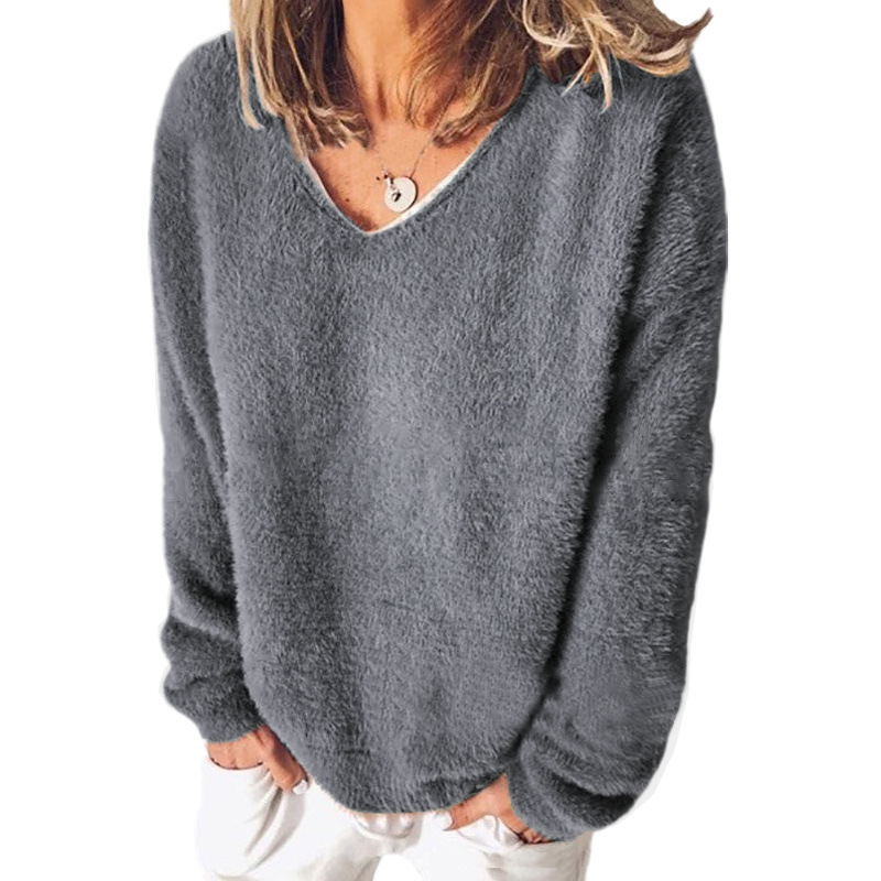 Women’s V-Neck Sweatshirt – Relaxed Fit – Fuzzy Knit – Long Sleeve Casual Style