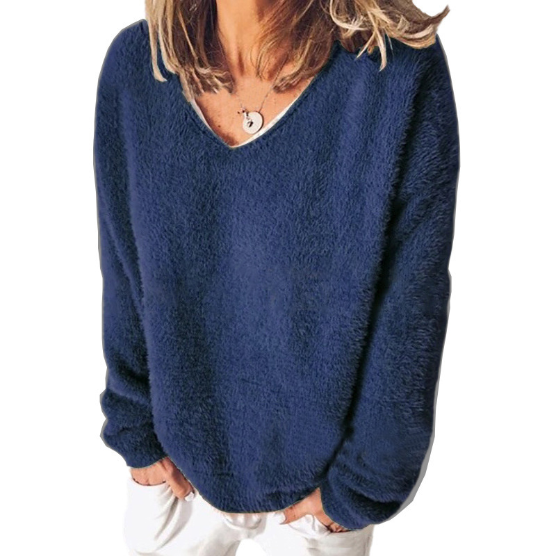 Women’s V-Neck Sweatshirt – Relaxed Fit – Fuzzy Knit – Long Sleeve Casual Style