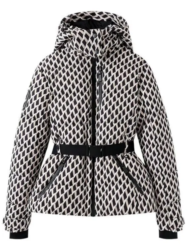 Women’s Ski Jacket – Quilted Puffer – Waterproof – Belted Waist – Hood