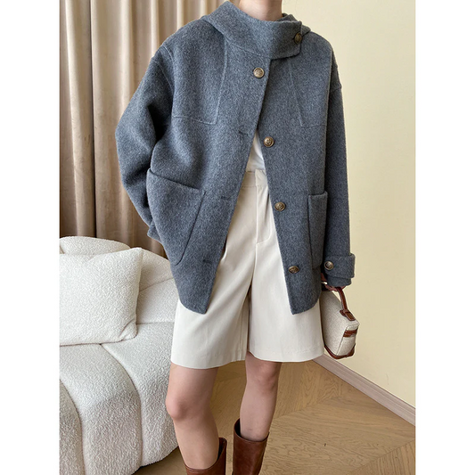 Women’s Overcoat – Wool Blend – Oversized Fit – Funnel Neck – Button Front Pockets