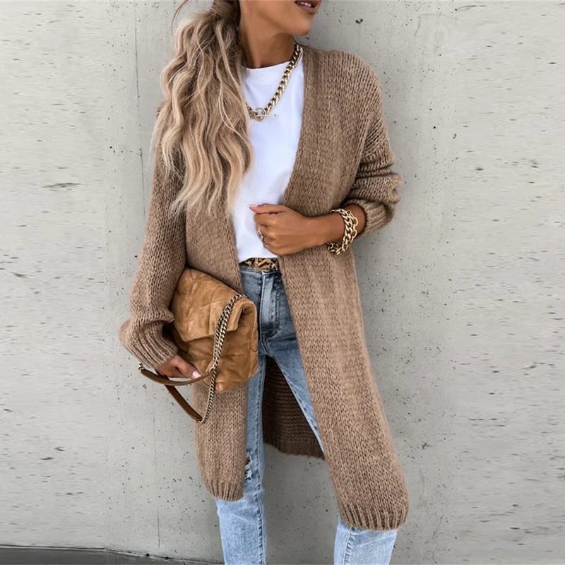 Women’s Cardigan – Relaxed Fit – Knitted Wool Blend – Longline Open Front Ribbed Hem