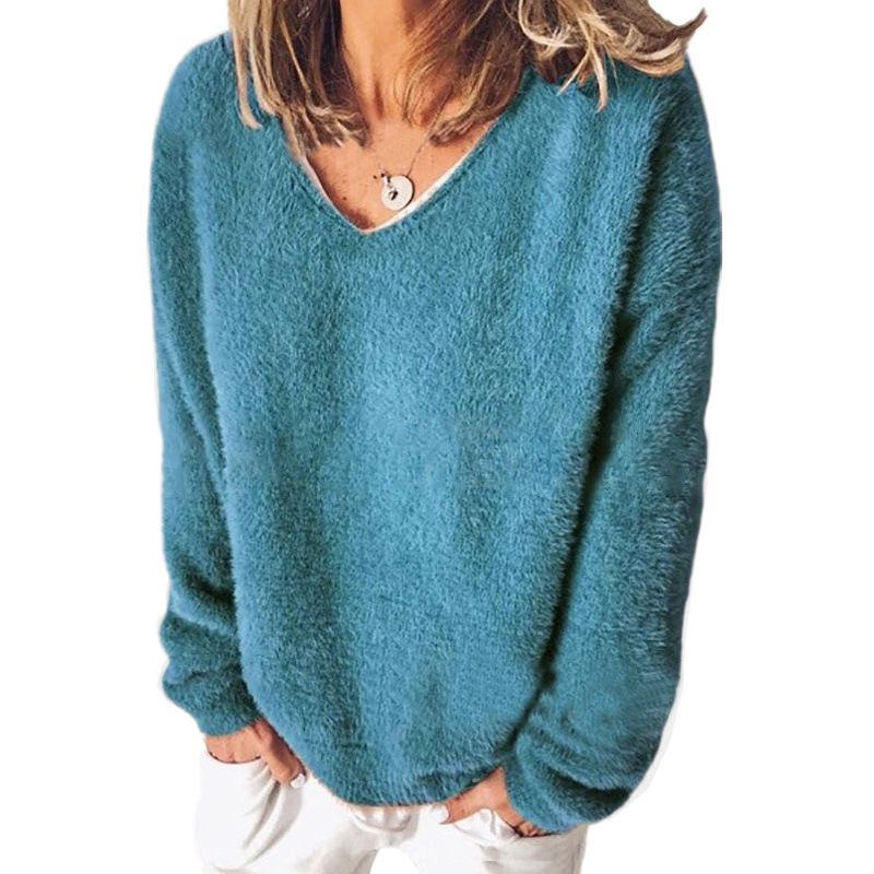 Women’s V-Neck Sweatshirt – Relaxed Fit – Fuzzy Knit – Long Sleeve Casual Style