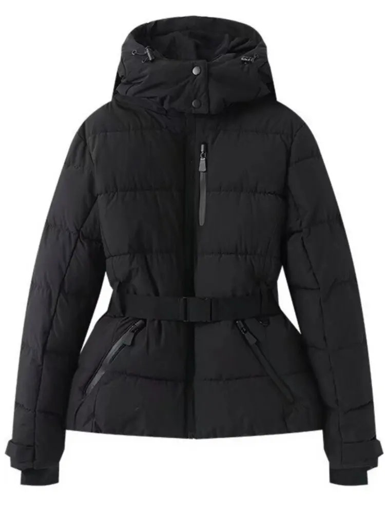 Women’s Ski Jacket – Quilted Puffer – Waterproof – Belted Waist – Hood