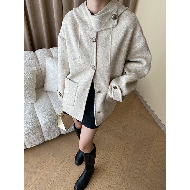Women’s Overcoat – Wool Blend – Oversized Fit – Funnel Neck – Button Front Pockets