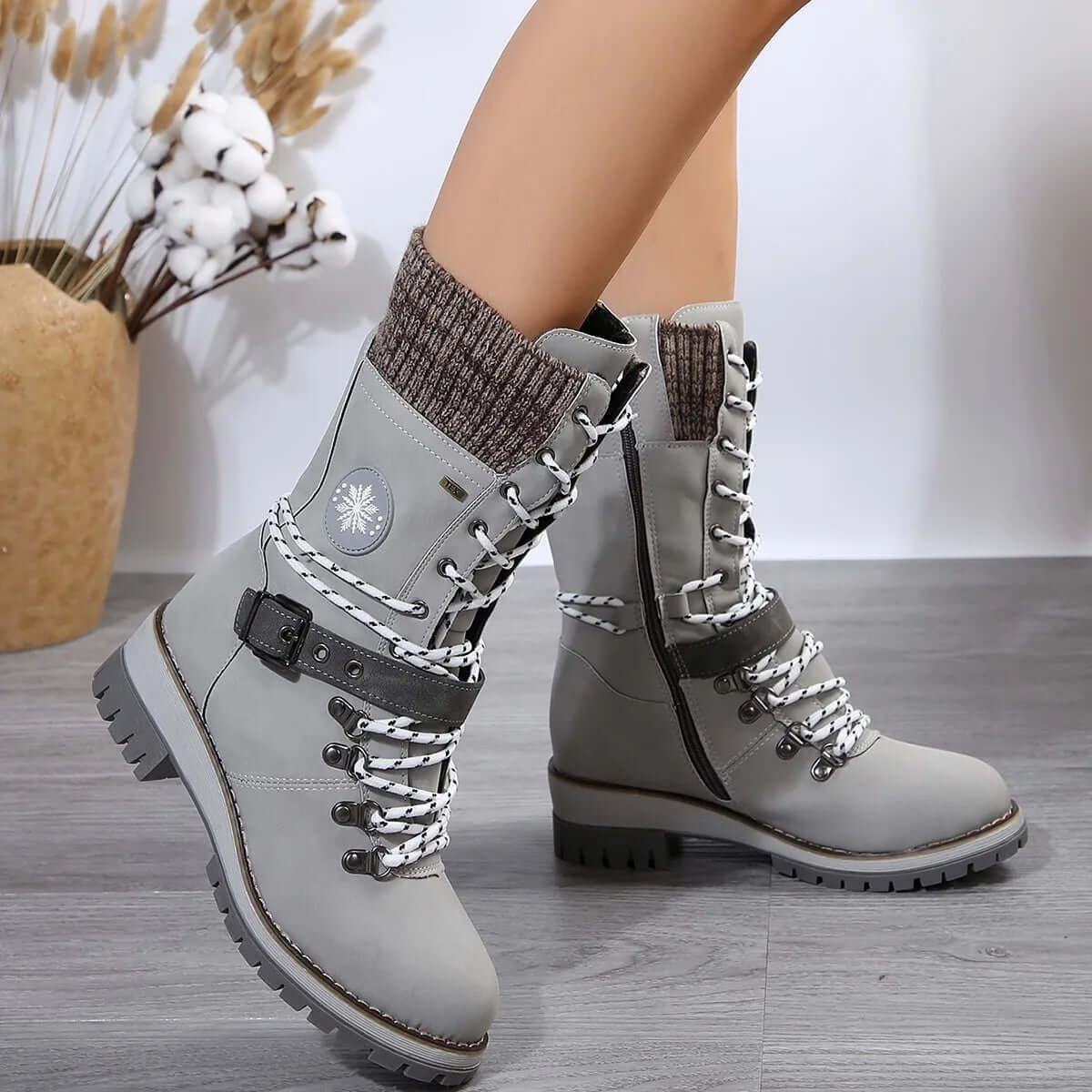 Women’s Boots – Mid Calf – Side Zip – Rib Knit Cuff – Lug Sole – Lace-Up