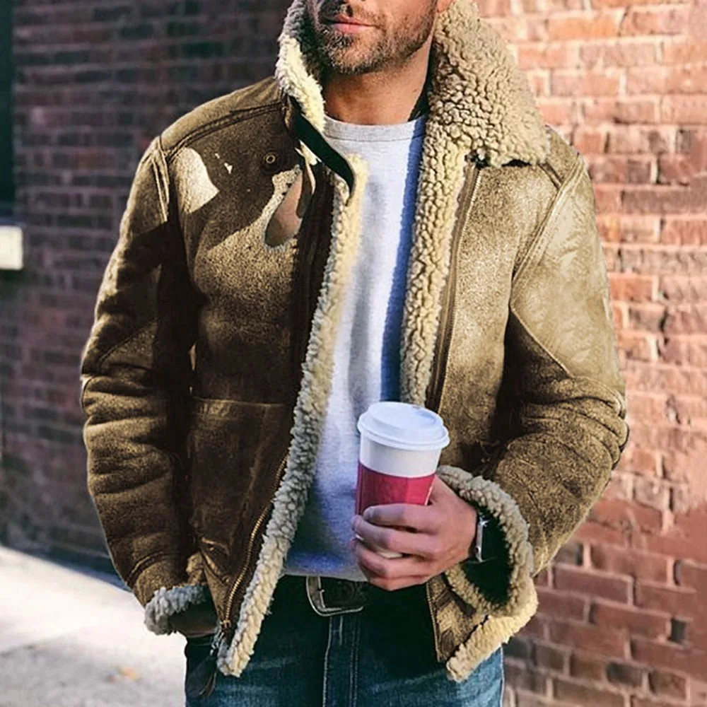 Men’s Jacket – Faux Leather – Fur Lined – Structured Fit – Hip Length Casual Style
