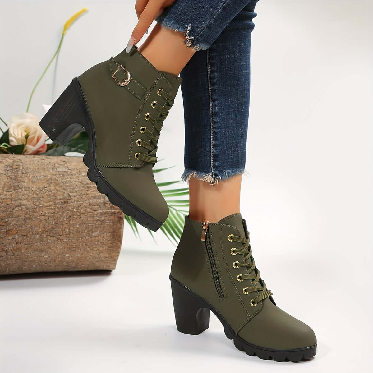 Women’s Ankle Boots – Lace-Up Style – Buckle Detail – Block Heel – Lug Sole Grip