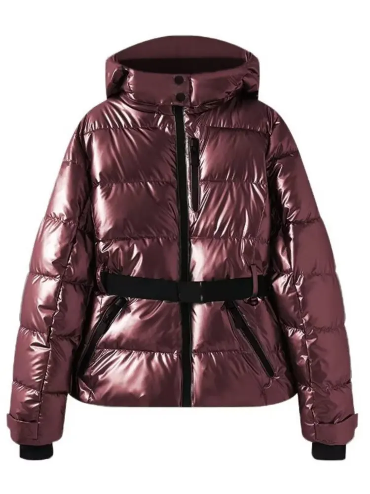Women’s Ski Jacket – Quilted Puffer – Waterproof – Belted Waist – Hood