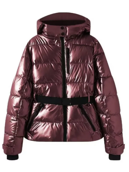 Women’s Ski Jacket – Quilted Puffer – Waterproof – Belted Waist – Hood