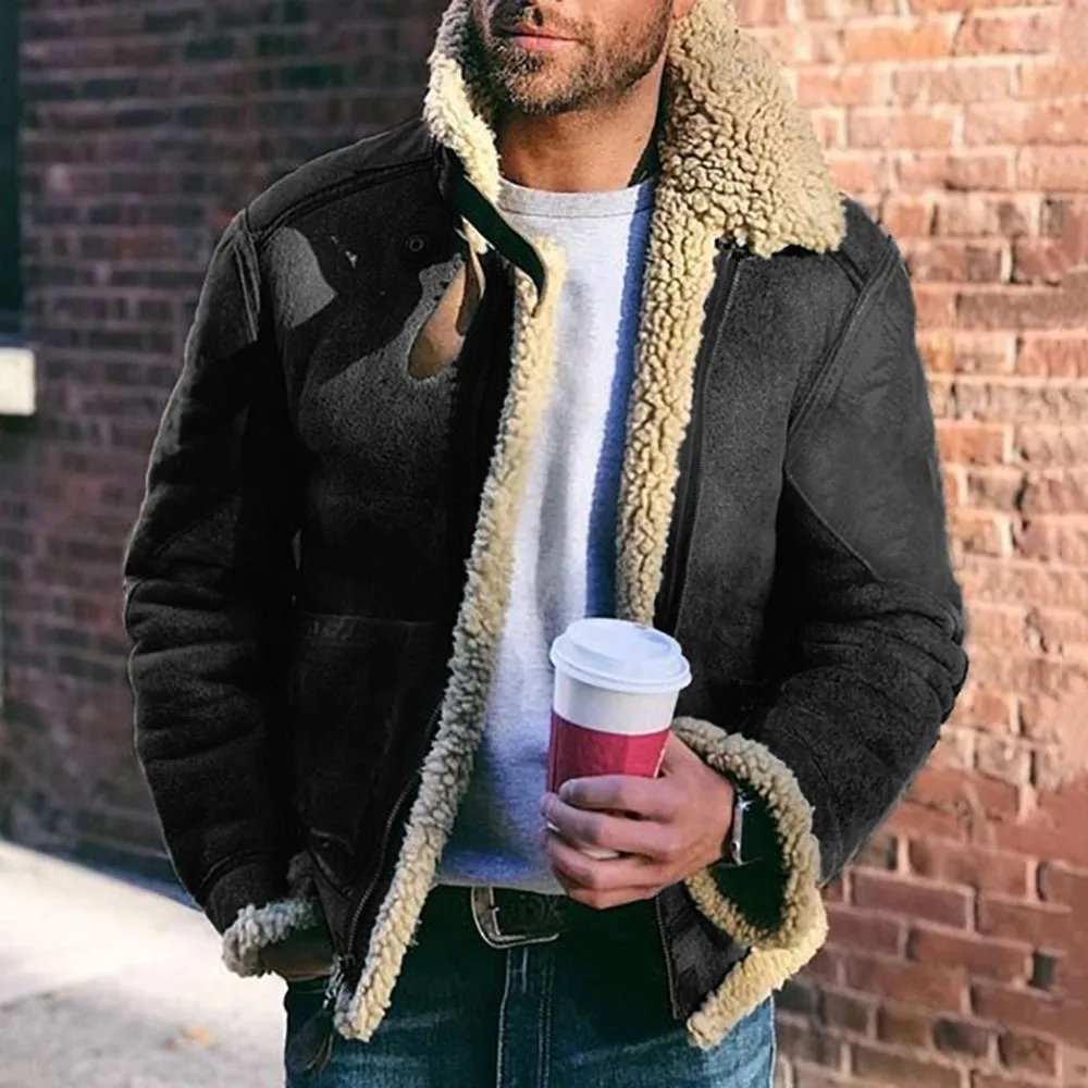 Men’s Jacket – Faux Leather – Fur Lined – Structured Fit – Hip Length Casual Style
