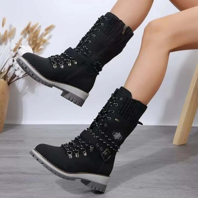 Women’s Boots – Mid Calf – Side Zip – Rib Knit Cuff – Lug Sole – Lace-Up