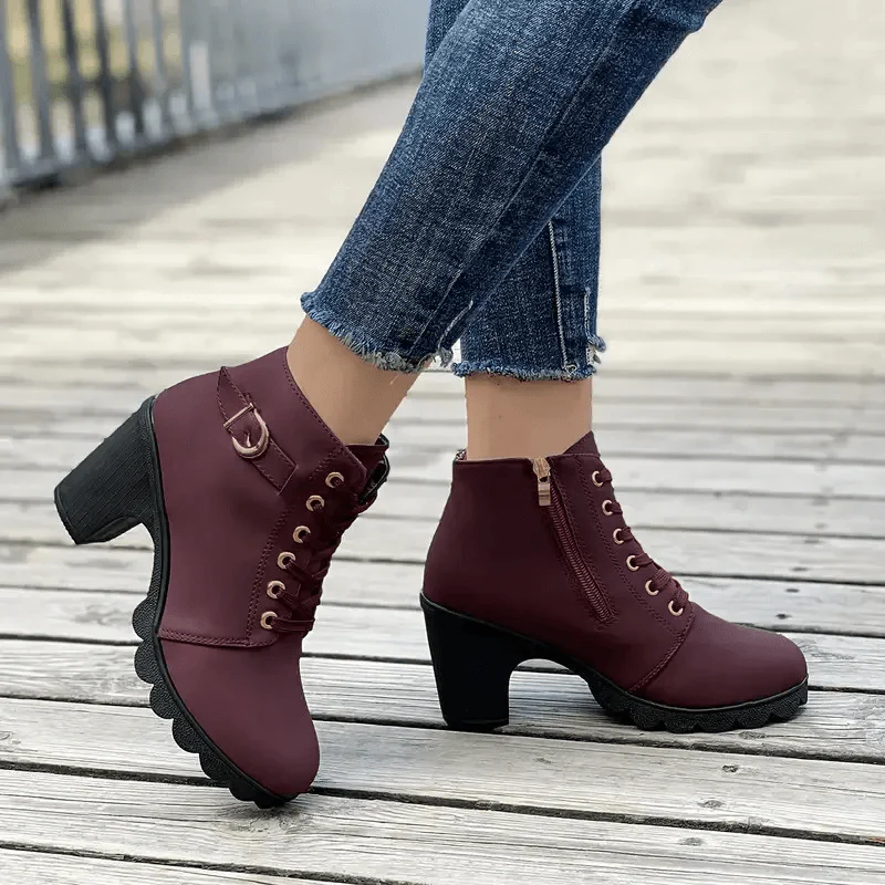 Women’s Ankle Boots – Lace-Up Style – Buckle Detail – Block Heel – Lug Sole Grip