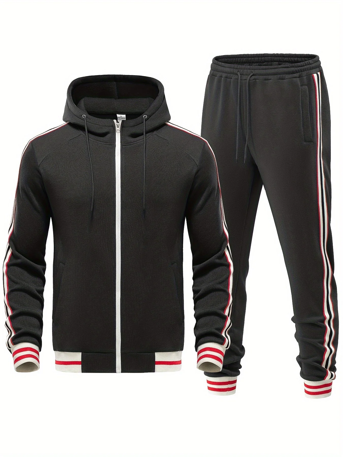Men’s Tracksuit Set – Slim Fit Hooded Zip Jacket – Tapered Joggers – Striped Trim