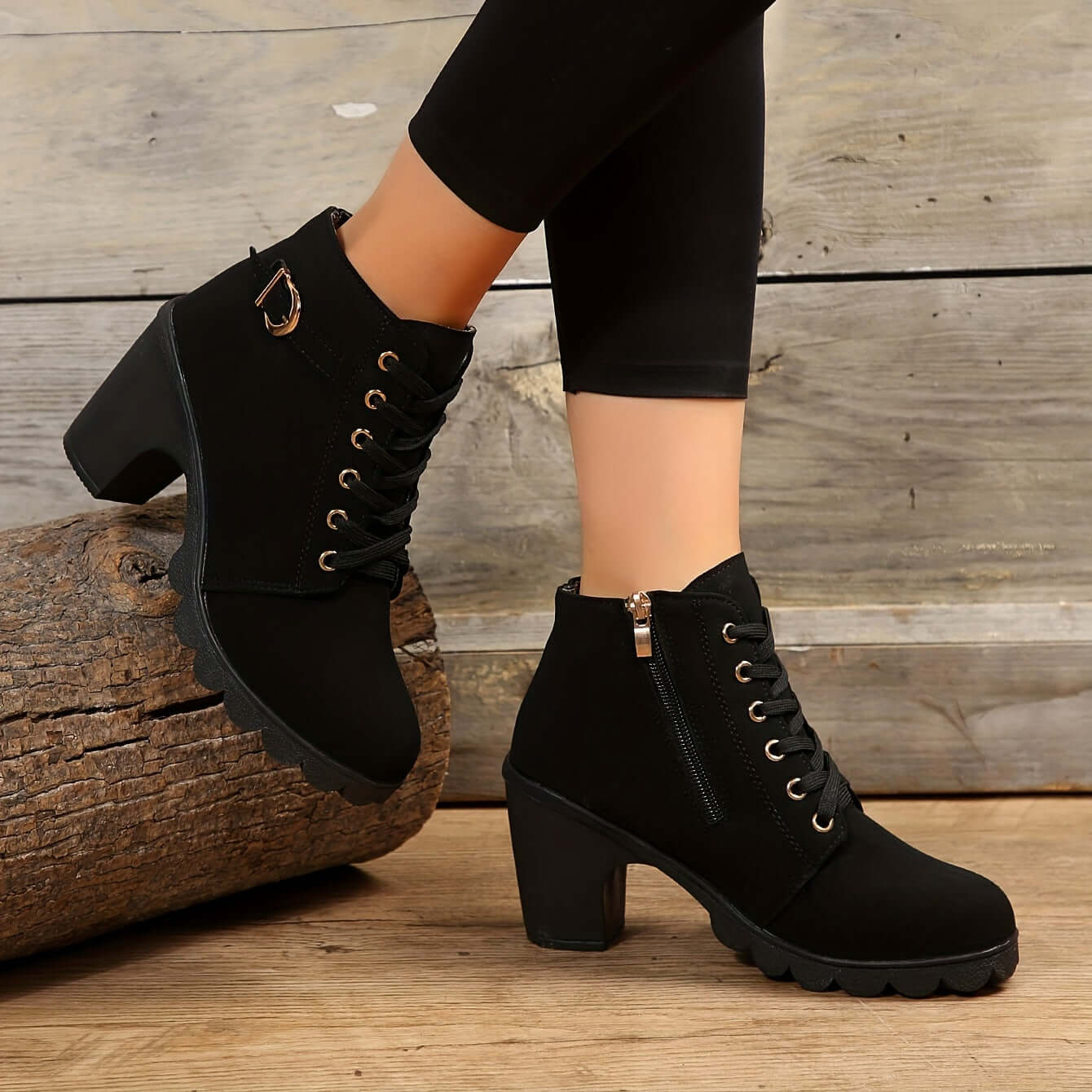 Women’s Ankle Boots – Lace-Up Style – Buckle Detail – Block Heel – Lug Sole Grip