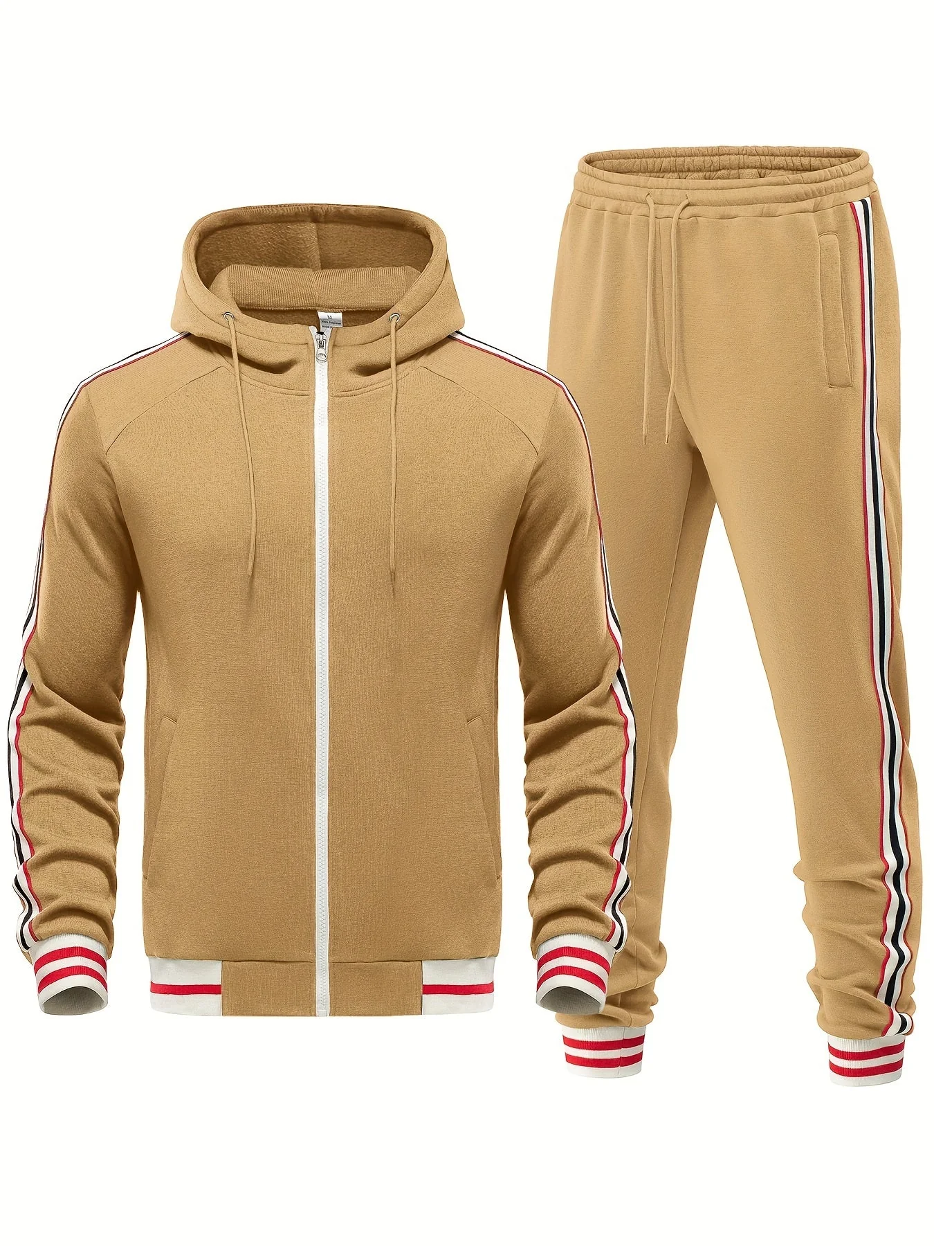Men’s Tracksuit Set – Slim Fit Hooded Zip Jacket – Tapered Joggers – Striped Trim