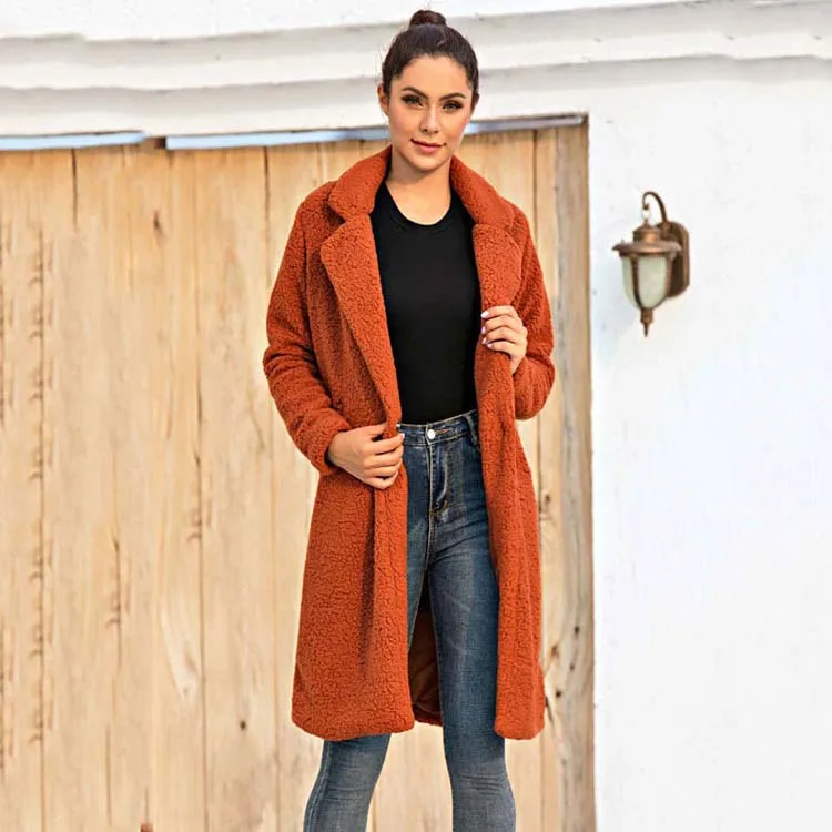 Women’s Teddy Coat – Oversized Fit – Plush Texture – Knee Length – Notched Lapel