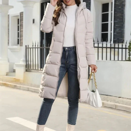 Women’s Long Down Jacket – Quilted – Hooded – Full Length – Straight Fit – Lightweight