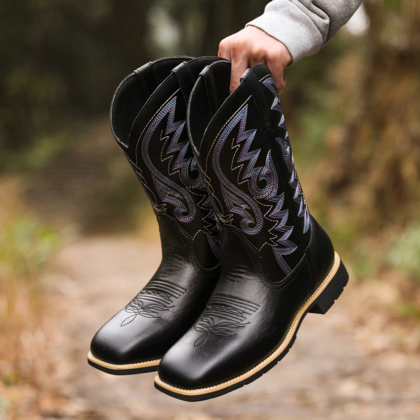 Men’s Cowboy Boots – Leather Wide Toe – High Top Embroidered Western Style