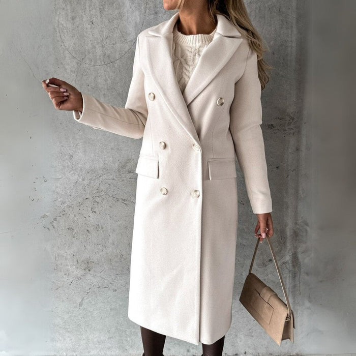 Women’s Double-Breasted Coat – Tailored Fit – Wool Blend – Knee Length Formal Wear