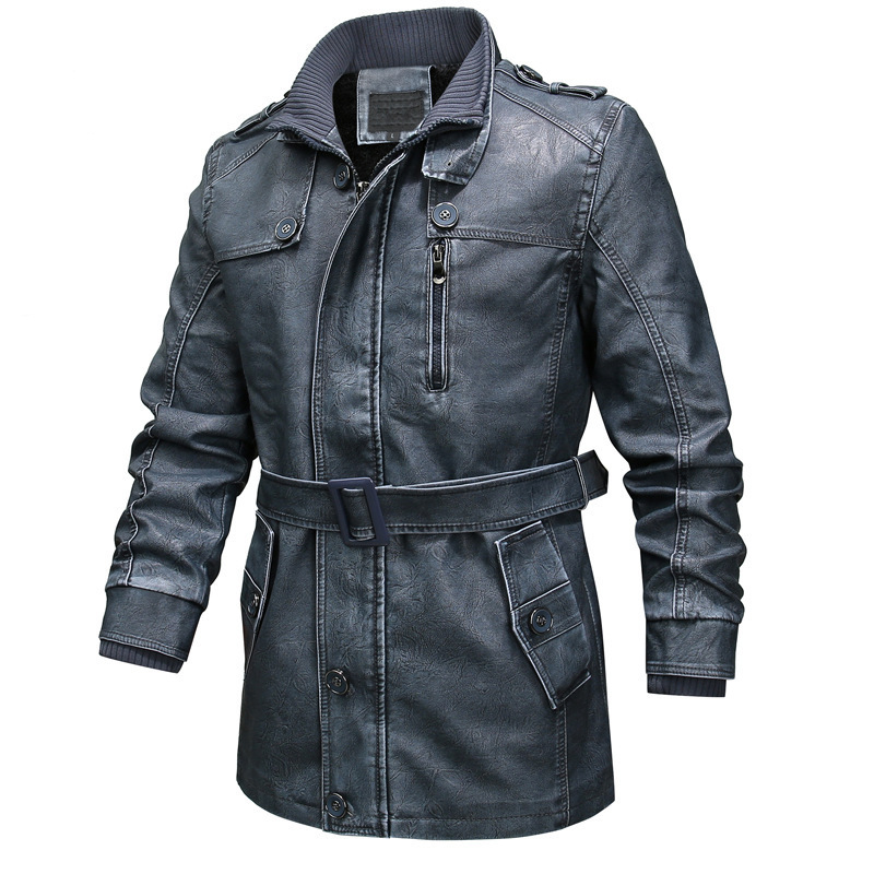 Men’s Trench Coat – Regular Fit – Washed Leather Look – Belted – Plush Lined – Zip Closure