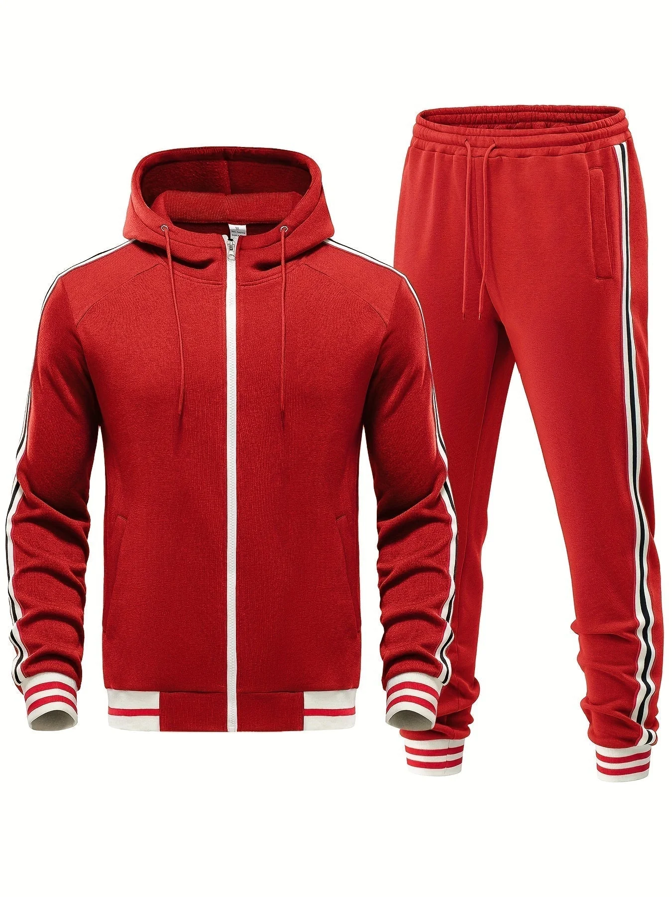 Men’s Tracksuit Set – Slim Fit Hooded Zip Jacket – Tapered Joggers – Striped Trim