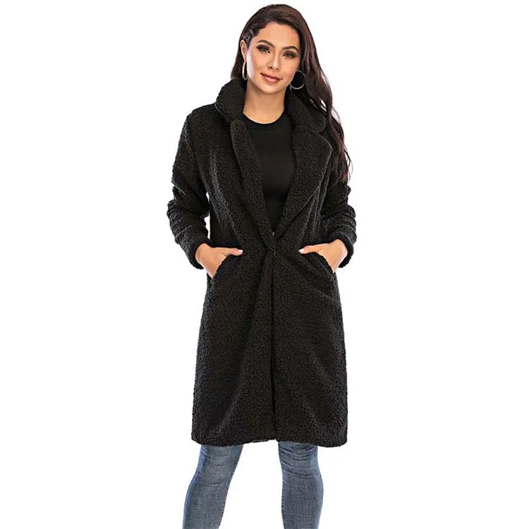 Women’s Teddy Coat – Oversized Fit – Plush Texture – Knee Length – Notched Lapel