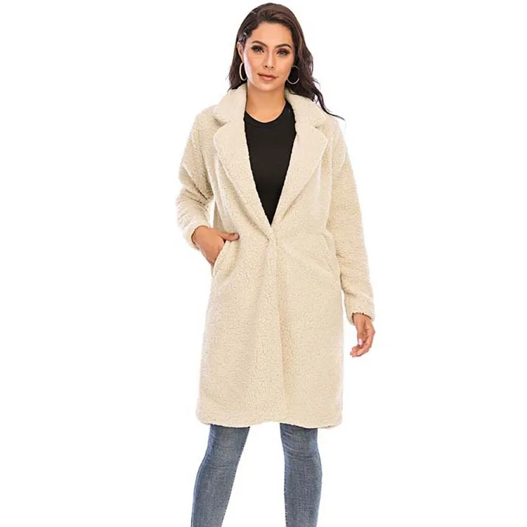 Women’s Teddy Coat – Oversized Fit – Plush Texture – Knee Length – Notched Lapel