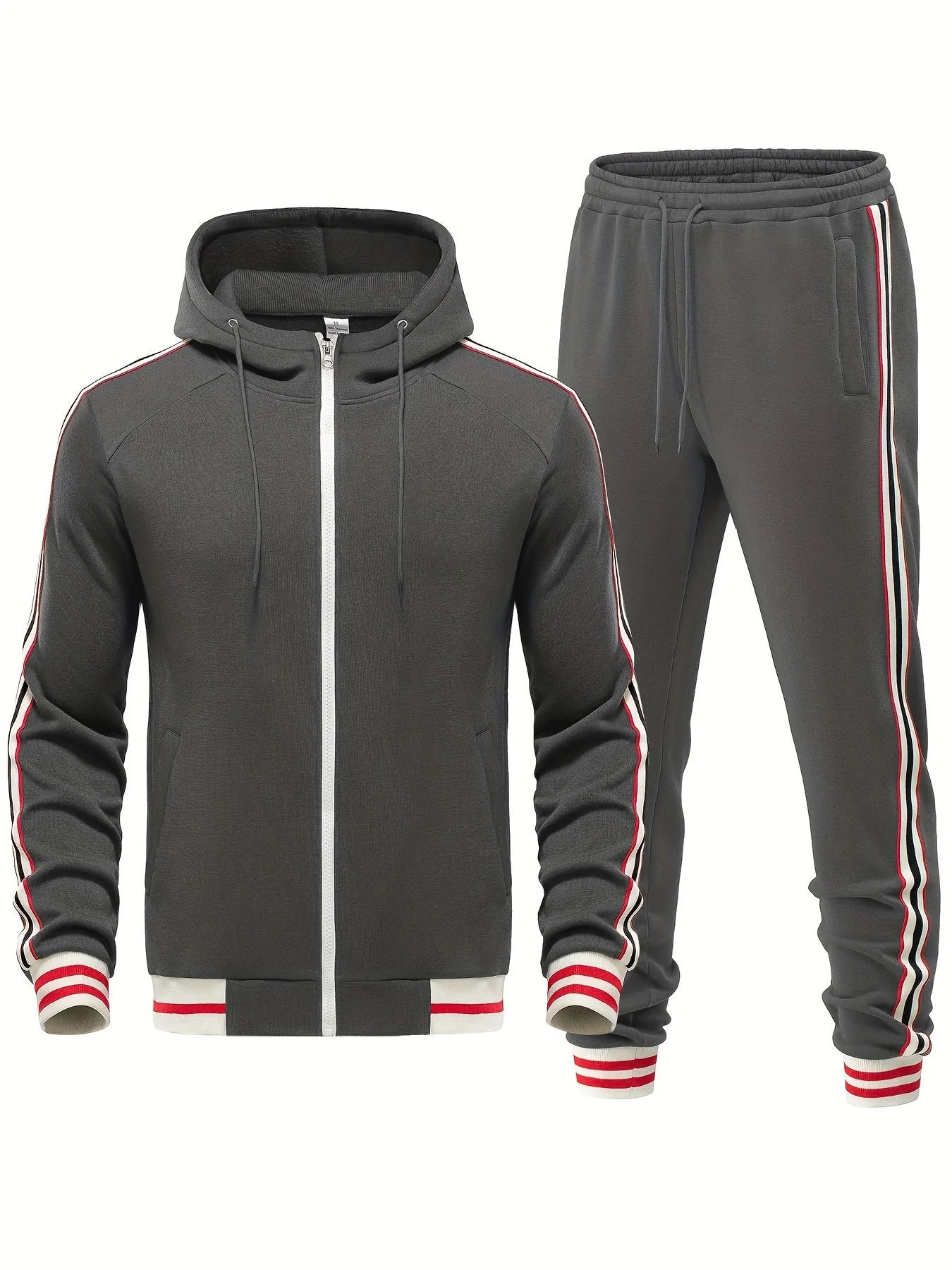 Men’s Tracksuit Set – Slim Fit Hooded Zip Jacket – Tapered Joggers – Striped Trim