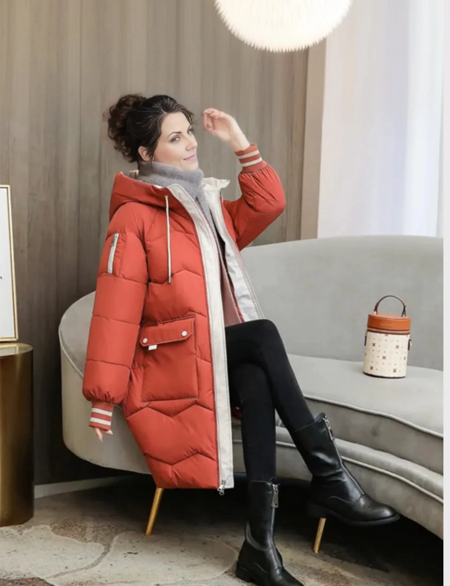 Women’s Quilted Jacket – Tailored Fit – Knee Length – Hooded – Ribbed Cuffs – Zip Front
