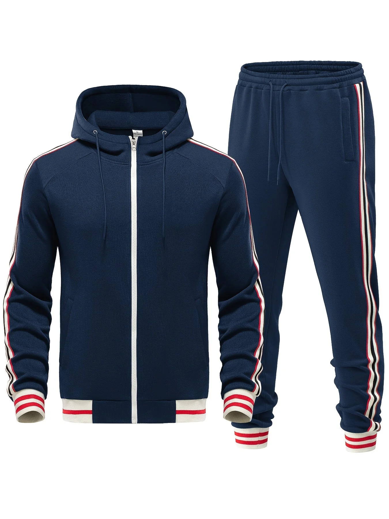 Men’s Tracksuit Set – Slim Fit Hooded Zip Jacket – Tapered Joggers – Striped Trim