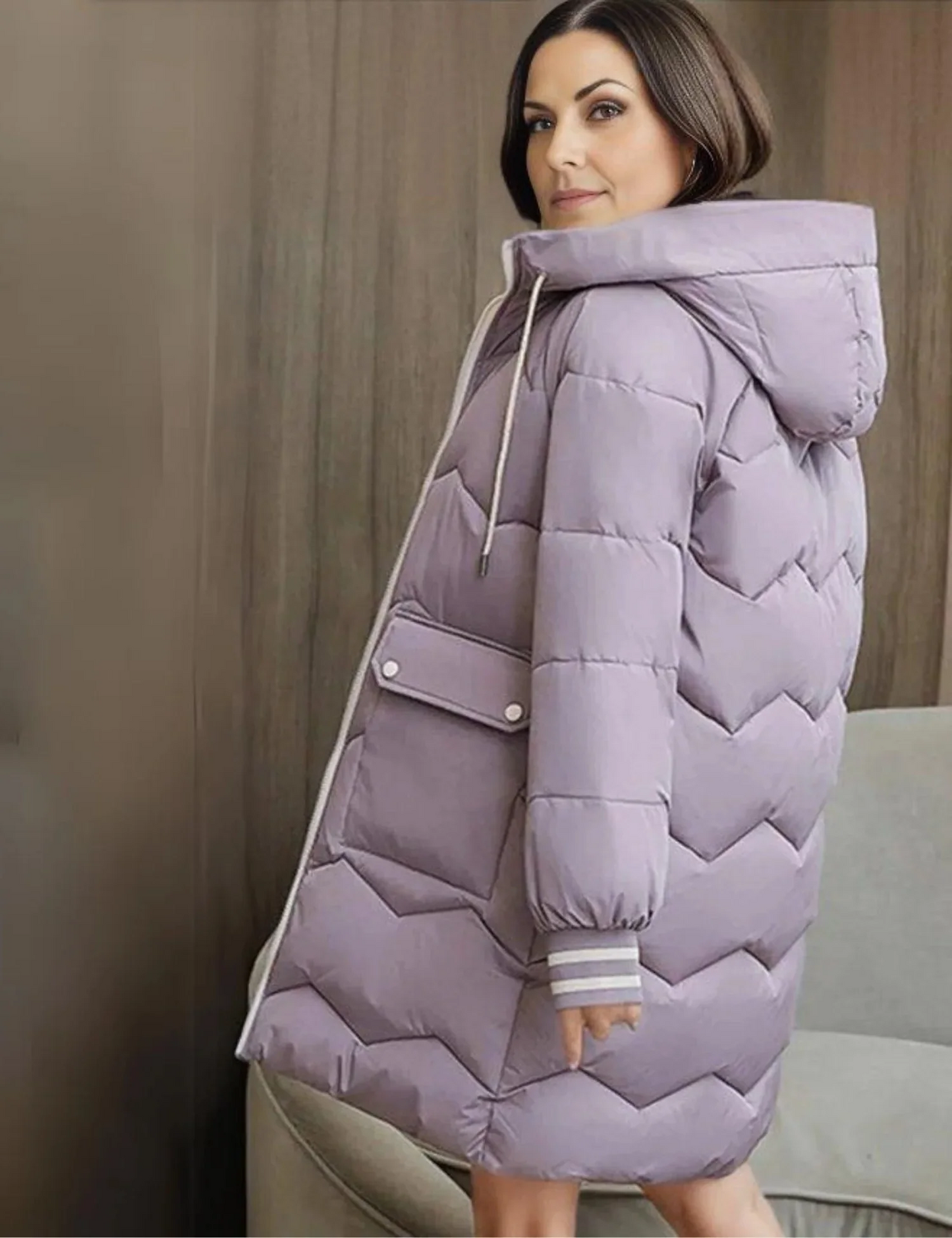 Women’s Quilted Jacket – Tailored Fit – Knee Length – Hooded – Ribbed Cuffs – Zip Front