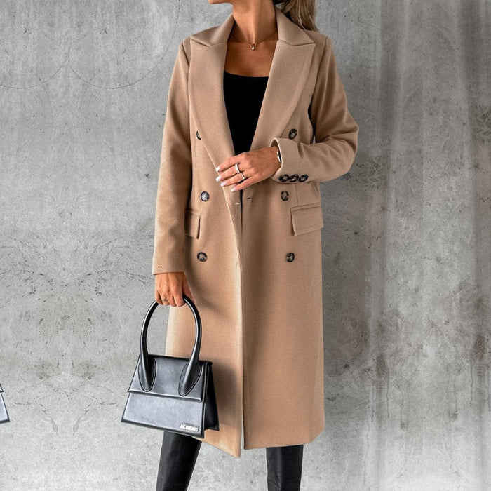 Women’s Double-Breasted Coat – Tailored Fit – Wool Blend – Knee Length Formal Wear