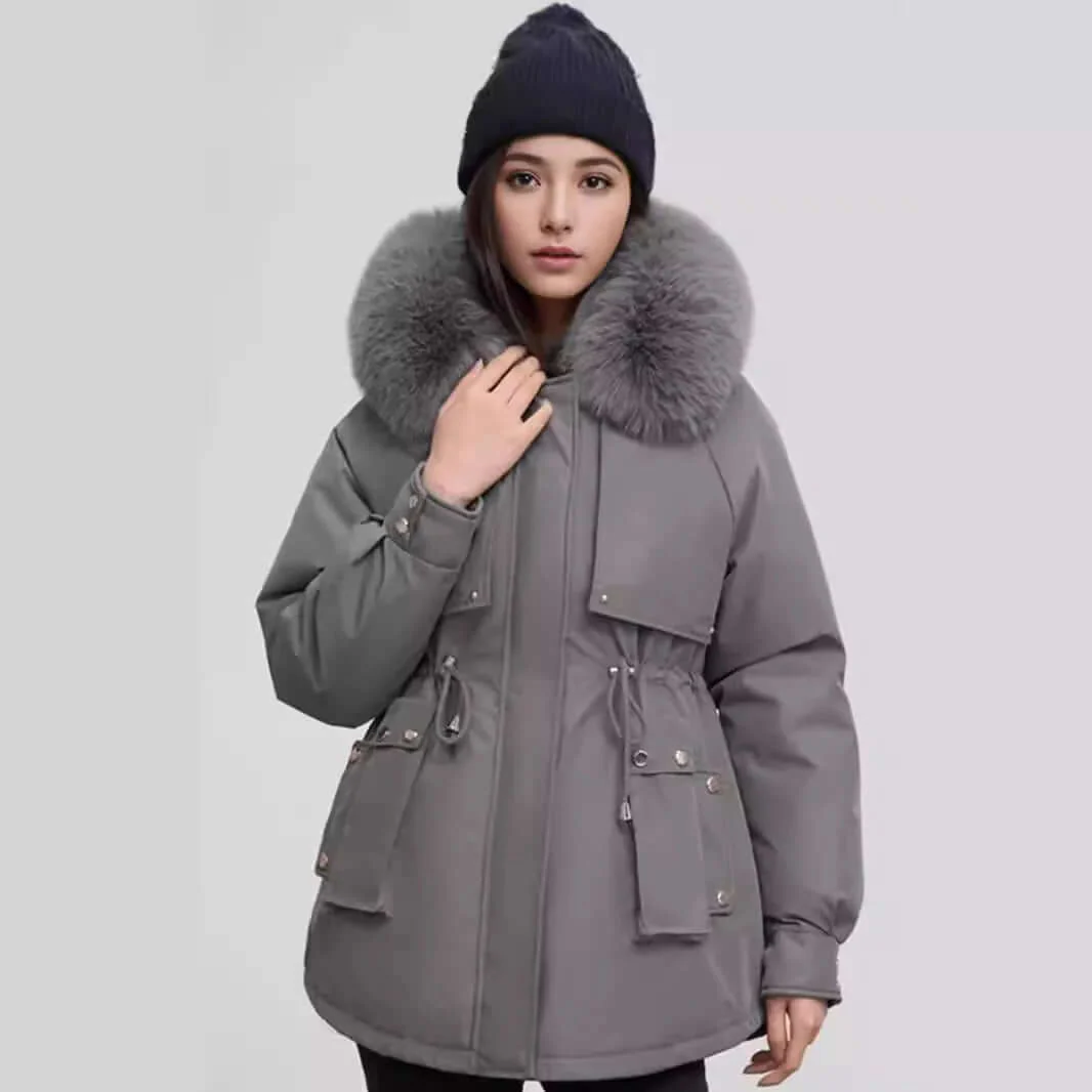 Women’s Hip-Length Coat – Faux Fur Collar – Cinched Waist – Tailored Fit – Zip Closure