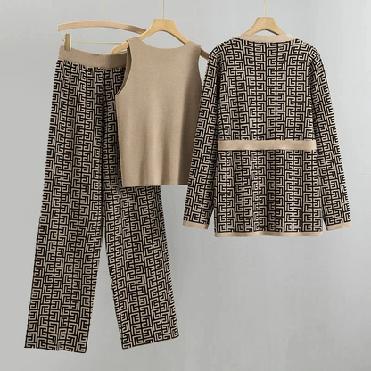 Women’s 3-Piece Knit Set – Geometric Pattern – Sleeveless Top – Wide Leg Pants – Tie Waist Cardigan