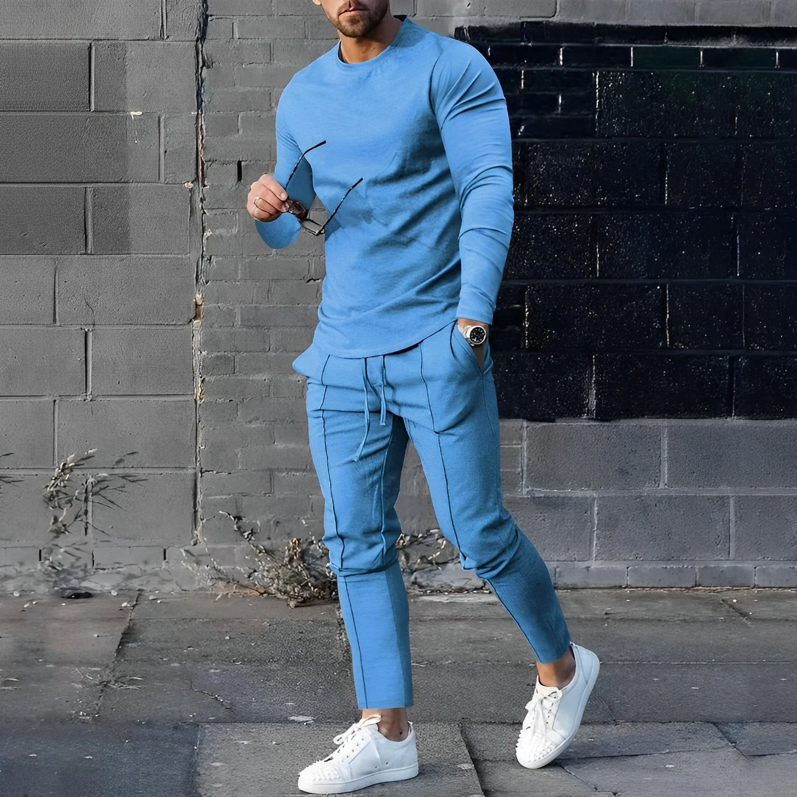 Men’s Tracksuit Set – Slim Fit – Cotton Blend – Crew Neck – Drawstring Waist