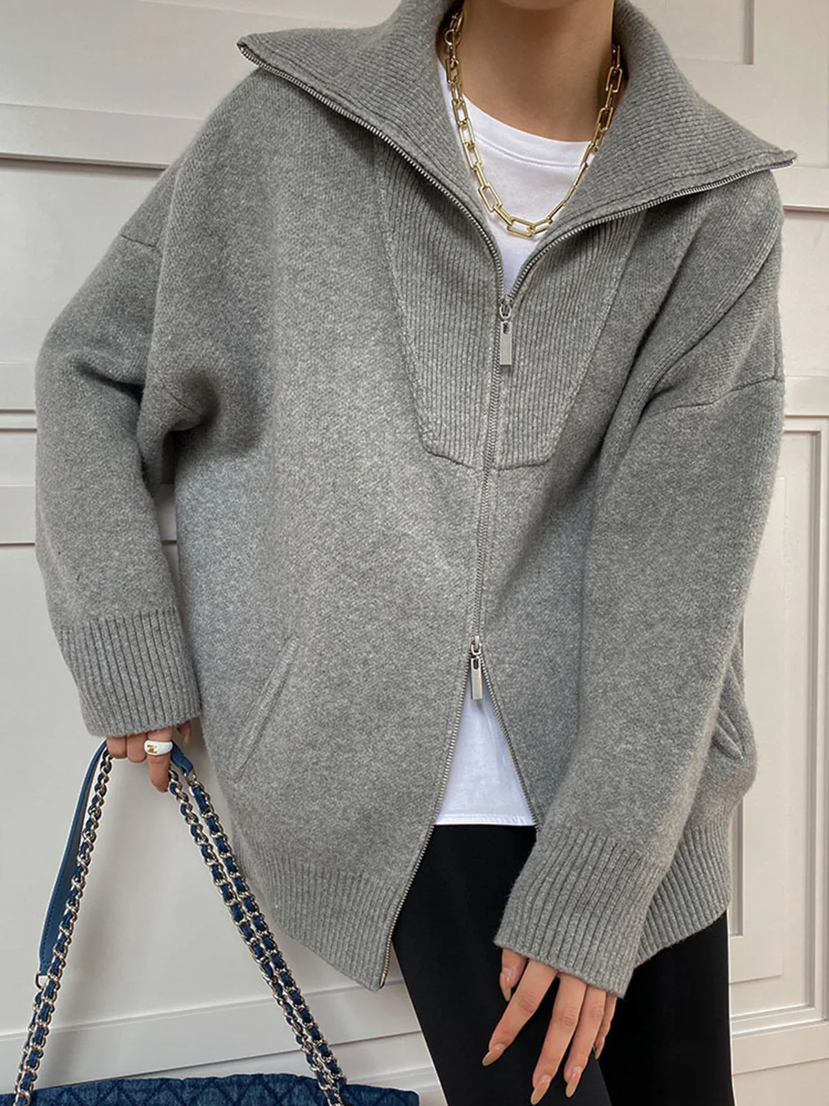 Women’s Cardigan – Oversized Fit – Wool Knit – Zip Front – Open Collar Casual Layer