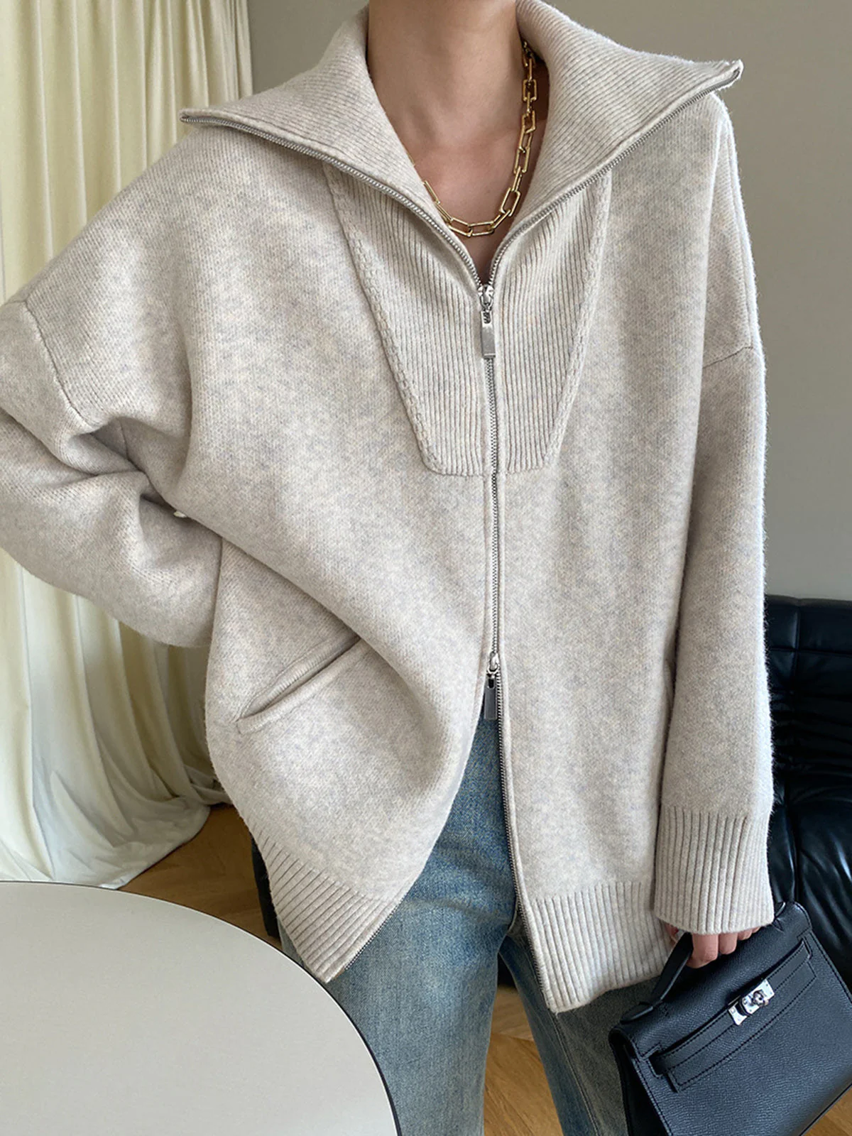 Women’s Cardigan – Oversized Fit – Wool Knit – Zip Front – Open Collar Casual Layer