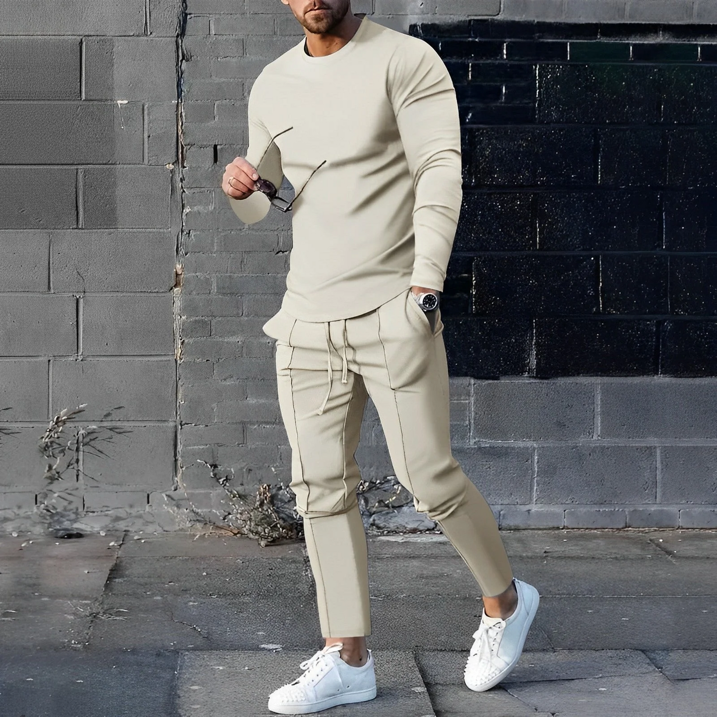 Men’s Tracksuit Set – Slim Fit – Cotton Blend – Crew Neck – Drawstring Waist