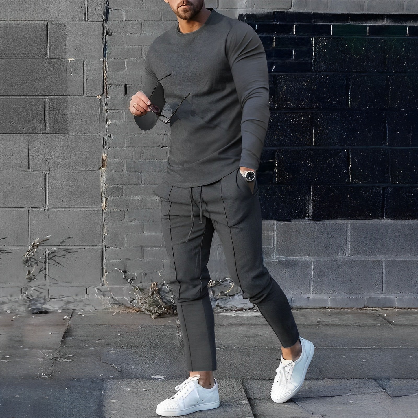 Men’s Tracksuit Set – Slim Fit – Cotton Blend – Crew Neck – Drawstring Waist