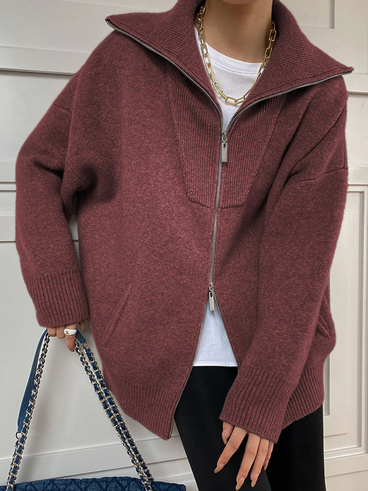 Women’s Cardigan – Oversized Fit – Wool Knit – Zip Front – Open Collar Casual Layer